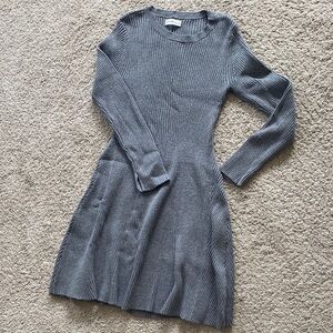 NINE WEST pleated Ribbed Knit Long Sleeve Dress - Gray